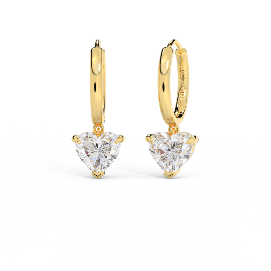 14k Solitaire Drop Earrings, Heart, Yellow Gold