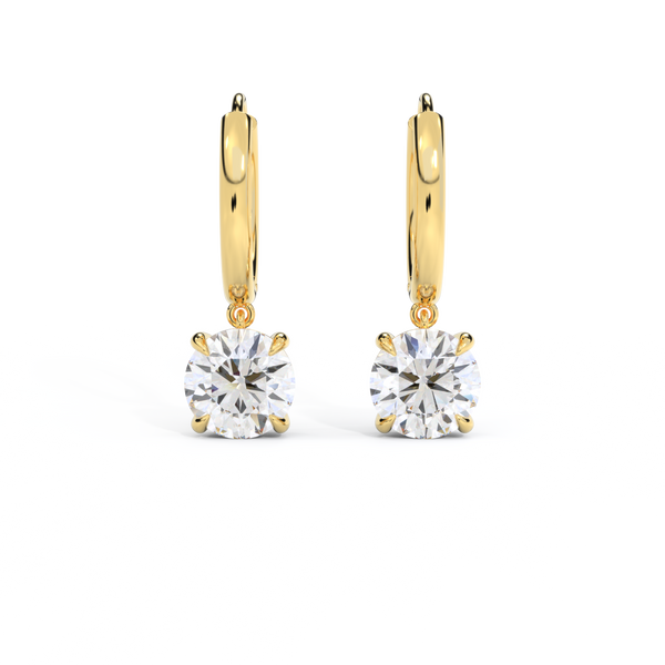14k Solitaire Drop Earrings, Round, Yellow Gold