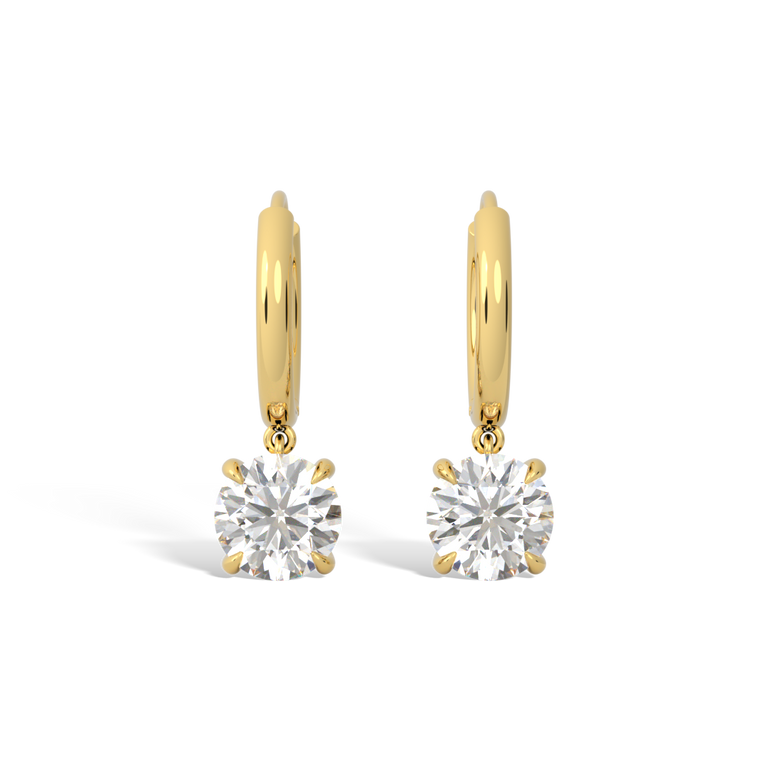 14k Solitaire Drop Earrings, Round, Yellow Gold