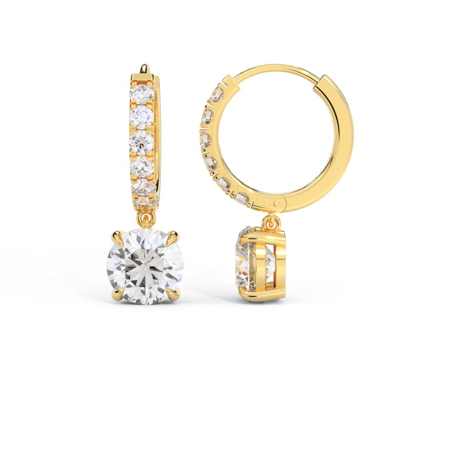 14k Solitaire Drop Earrings, Round, Yellow Gold