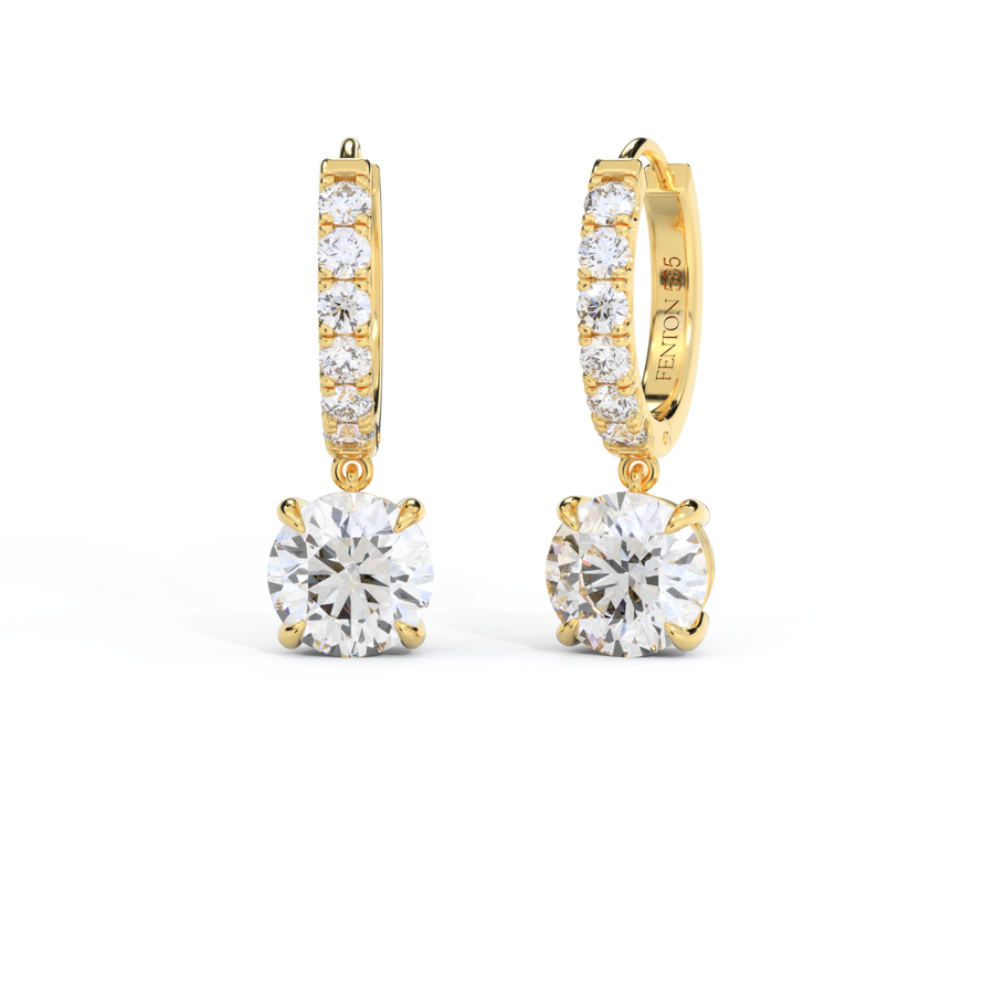 14k Solitaire Drop Earrings, Round, Yellow Gold