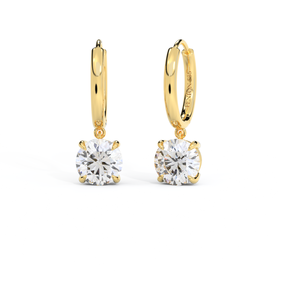 14k Solitaire Drop Earrings, Round, Yellow Gold