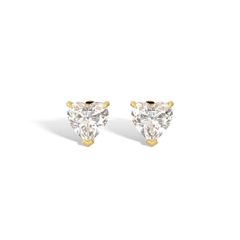14k Solitaire Stud Earrings, Heart, Yellow Gold