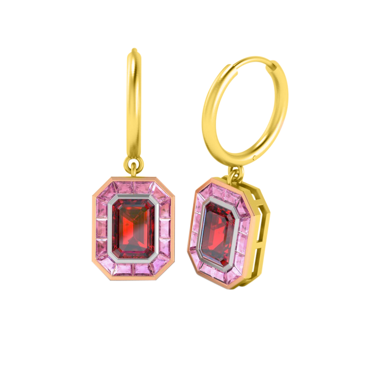 Treasure Box Deco Drop Emerald Ruby 18K Yellow Gold Earrings