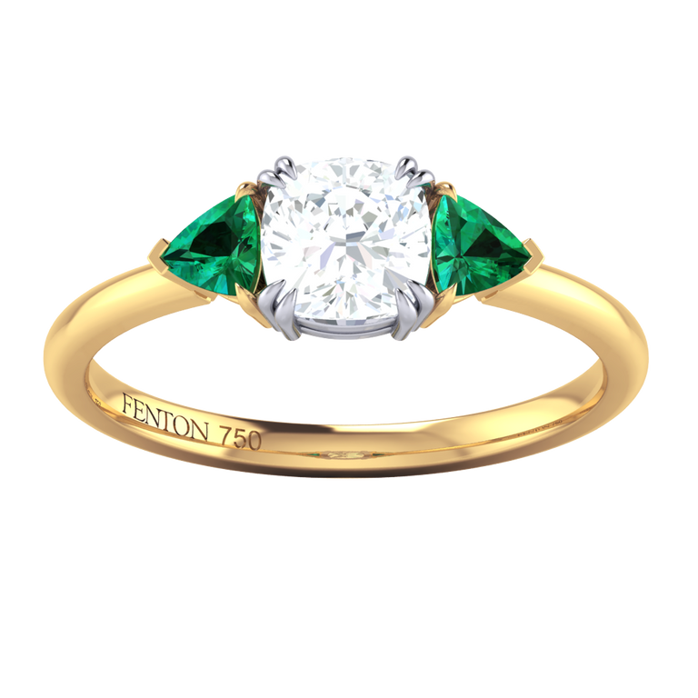Treasure Box Lab Grown Trilogy Cushion Cut Diamond and Emerald 18k Yellow Gold 0.5ct