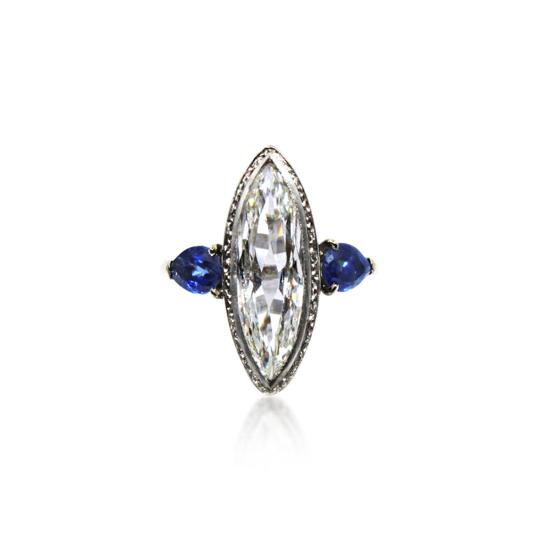 Vintage Marquise Diamond and Blue Sapphire Trilogy Ring