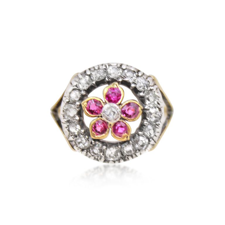 Antique Diamond a Ruby, mixed metal Floral Cluster Ring