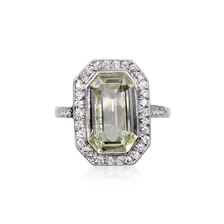 Art Deco Light Yellow Emerald cut Diamond Cluster Ring