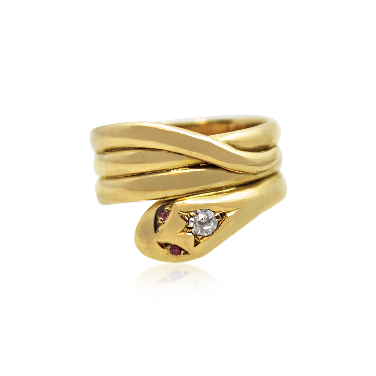 Edwardian 18K Yellow Gold and Diamond Snake Ring