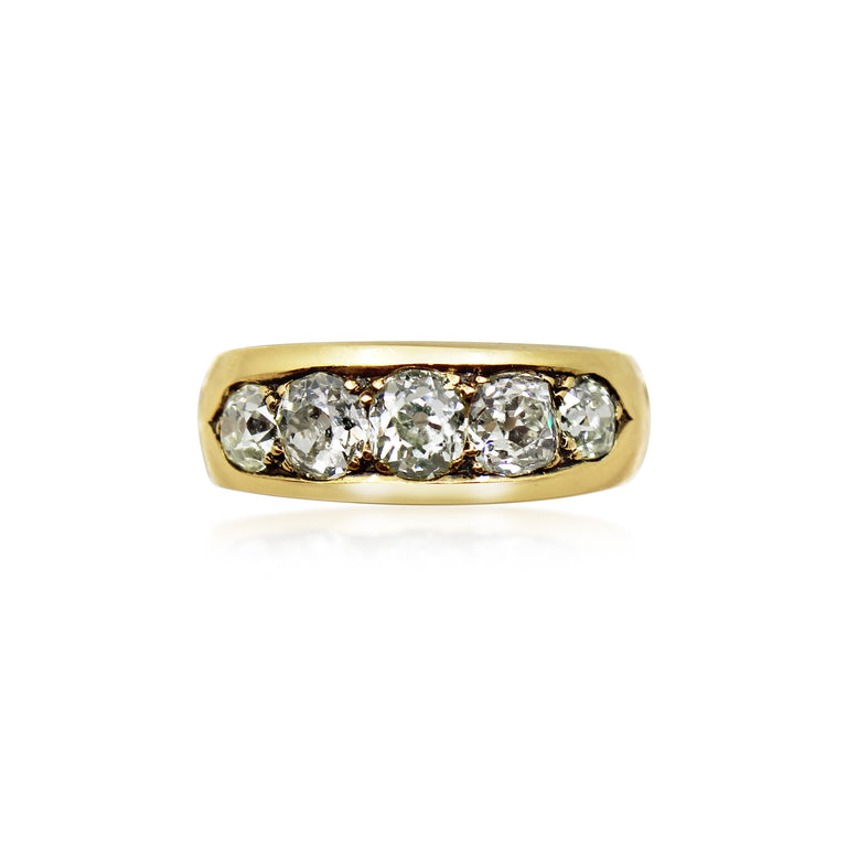 Antique 5 stone Old Mine cut Diamond Band in 18K Yellow Gold