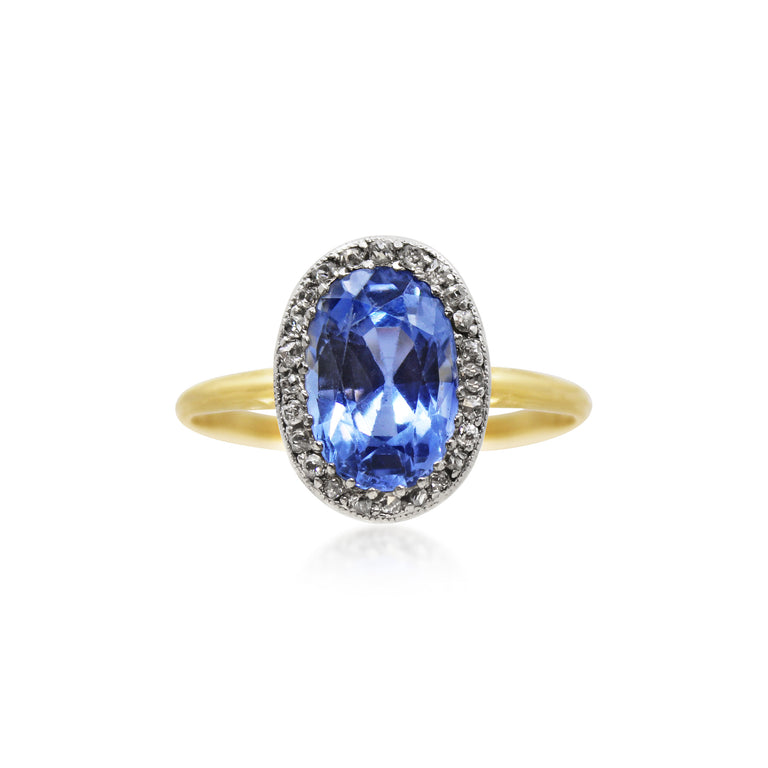 Edwardian Oval Cut Blue sapphire & Diamond Cluster Ring in 18K Yellow Gold