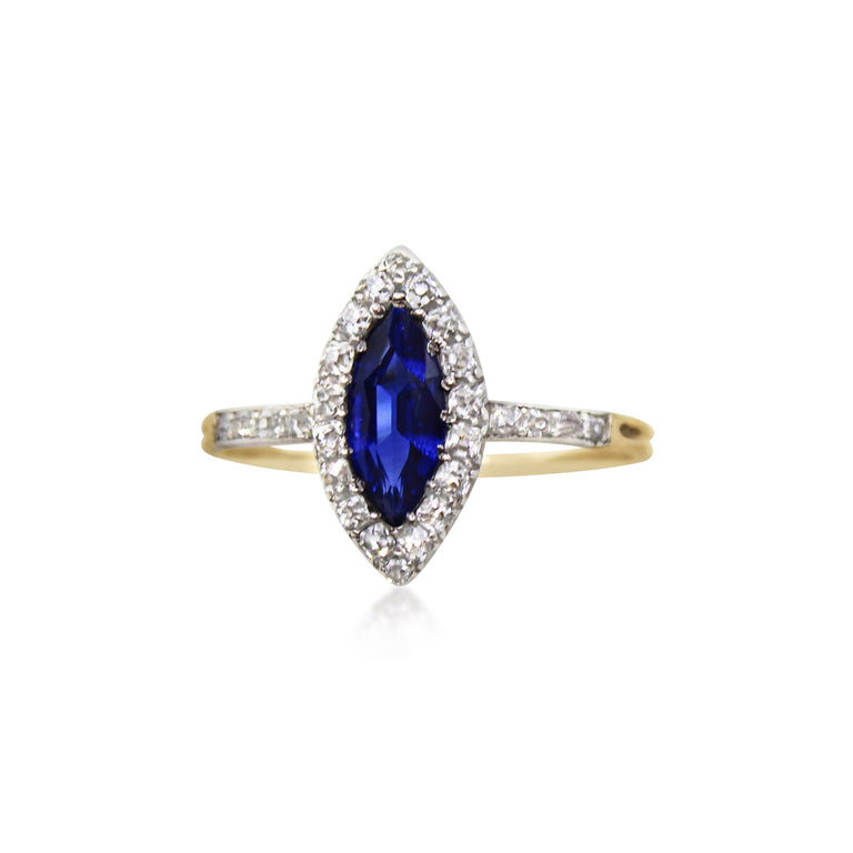 Antique Edwardian Marquise Blue Sapphire Cluster Ring in 18K Yellow Gold