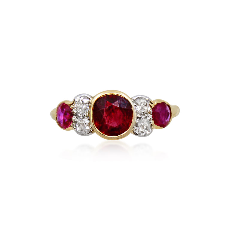 Vintage Three-Stone Ruby & Old Mine Cut Diamond Ring in 18K Yellow Gold