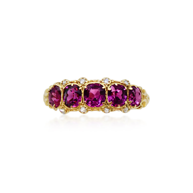 Antique Five-Stone Garnet &  Rose-cut Diamond Ring in 18K yellow Gold