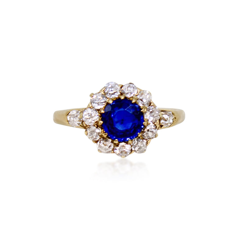 Antique Blue Sapphire and Old Mine cut Diamond Cluster Ring in 18K Yellow Gold