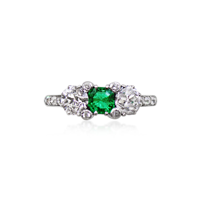 Antique Edwardian Three-Stone Emerald and Diamond Ring