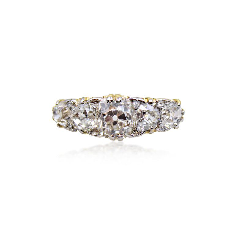 Antique Diamond Five-Stone Carved Half-Hoop Ring