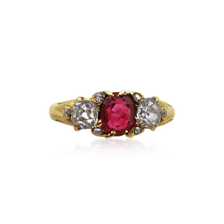 Antique Ruby and Diamond Three-stone Half-hoop Ring