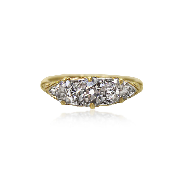 Antique Diamond Three-Stone Carved Half Hoop Ring