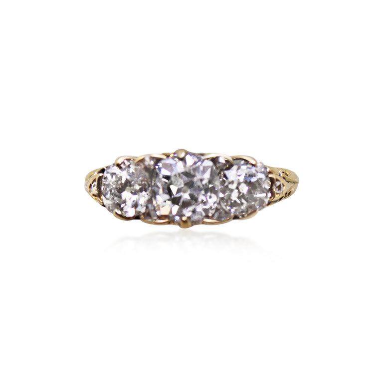 Antique Victorian Diamond Three-Stone Carved Half Hoop Ring