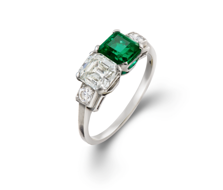 Antique Art Deco Emerald and Diamond Two-Stone Ring