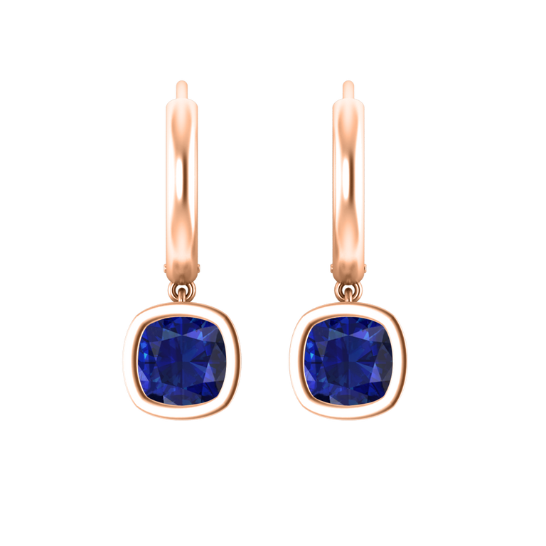 Bezel Drop Cushion Blue Sapphire 18K Rose Gold Earrings