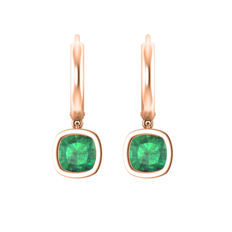 Bezel Drop Cushion Emerald 18K Rose Gold Earrings