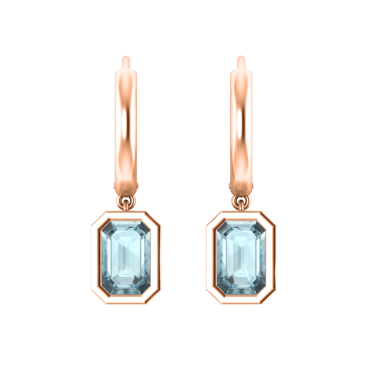 Bezel Drop Emerald Cut Aquamarine 18K Rose Gold Earrings