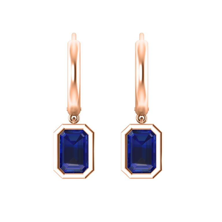 Bezel Drop Emerald Cut Blue Sapphire 18K Rose Gold Earrings