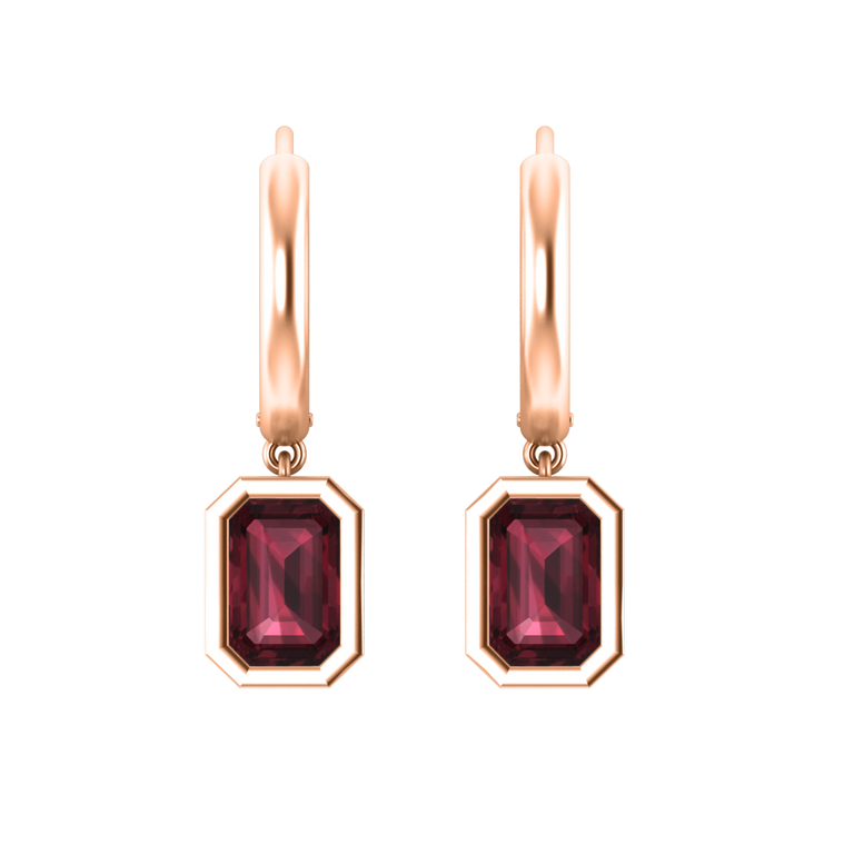 Bezel Drop Emerald Cut Garnet 18K Rose Gold Earrings