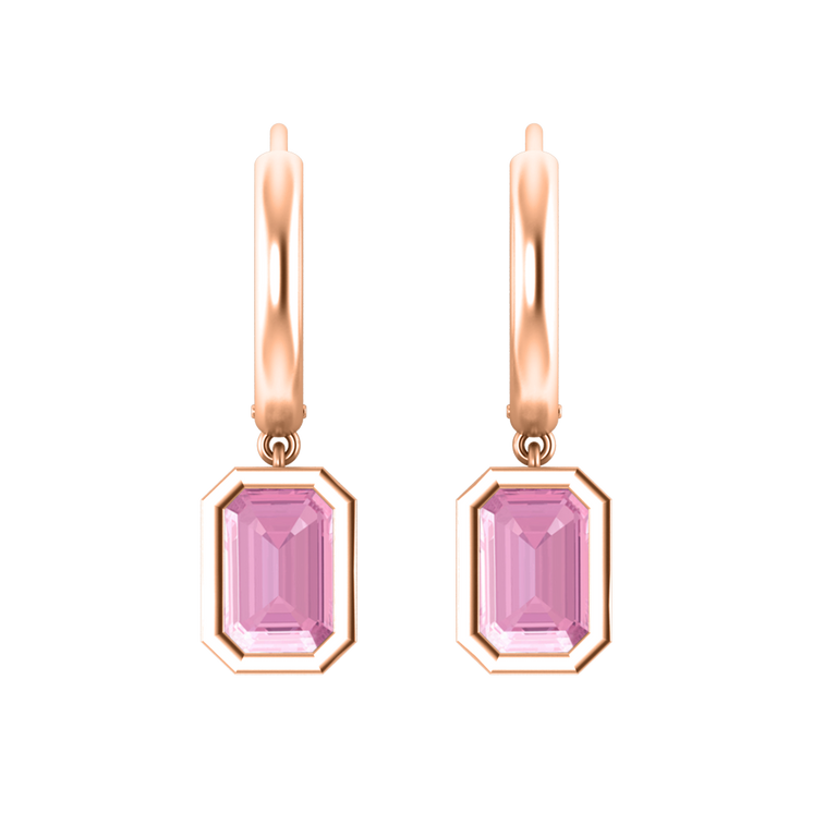 Bezel Drop Emerald Cut Pink Sapphire 18K Rose Gold Earrings