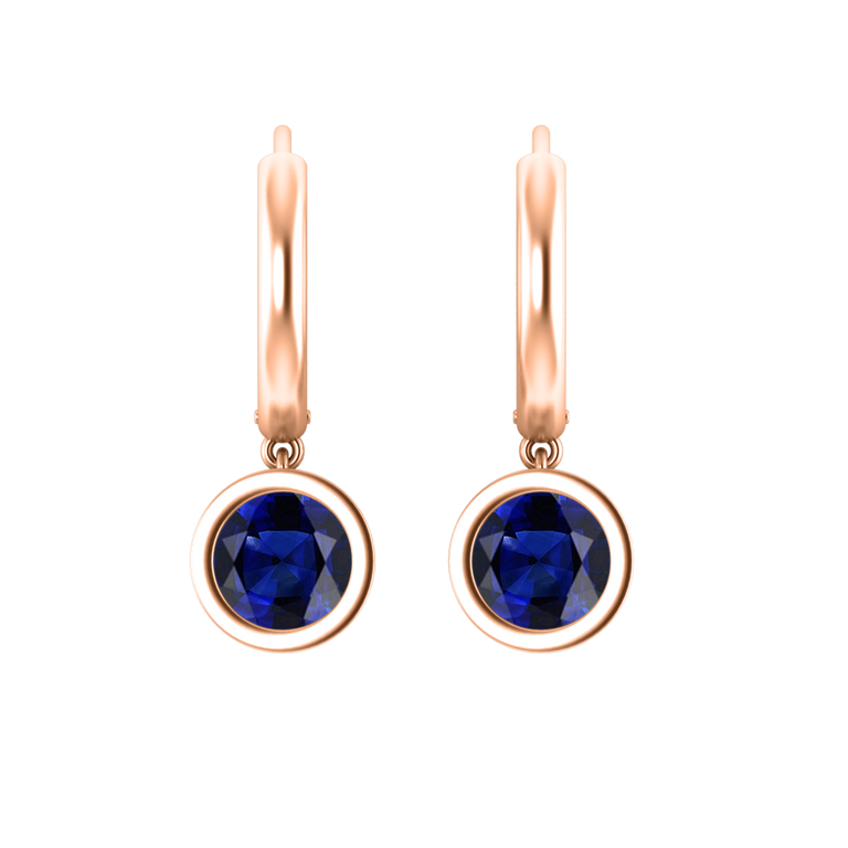 Bezel Drop Round Cut Blue Sapphire 18K Rose Gold Earrings
