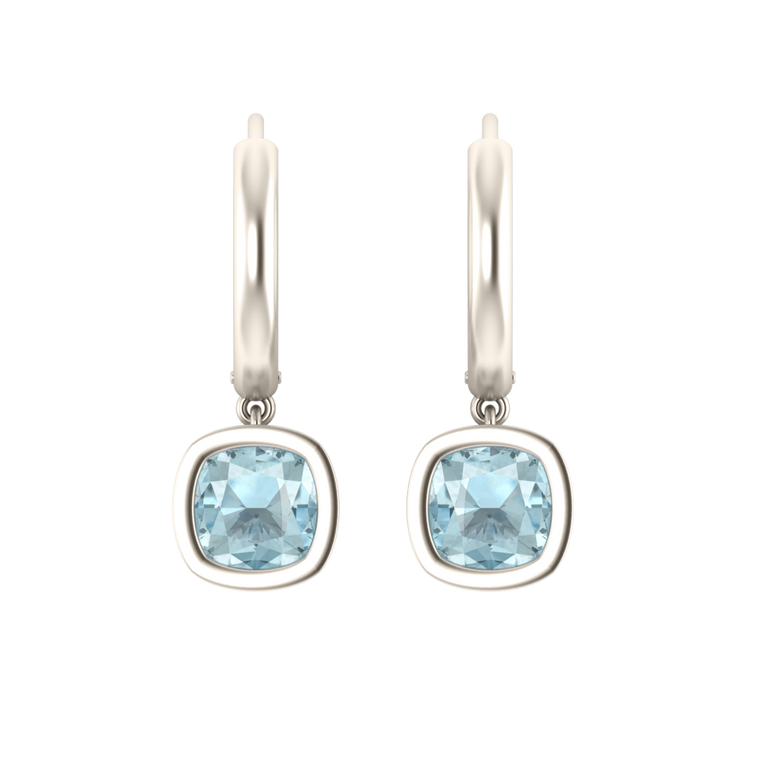 Bezel Drop Cushion Cut Aquamarine 18K White Gold Earrings