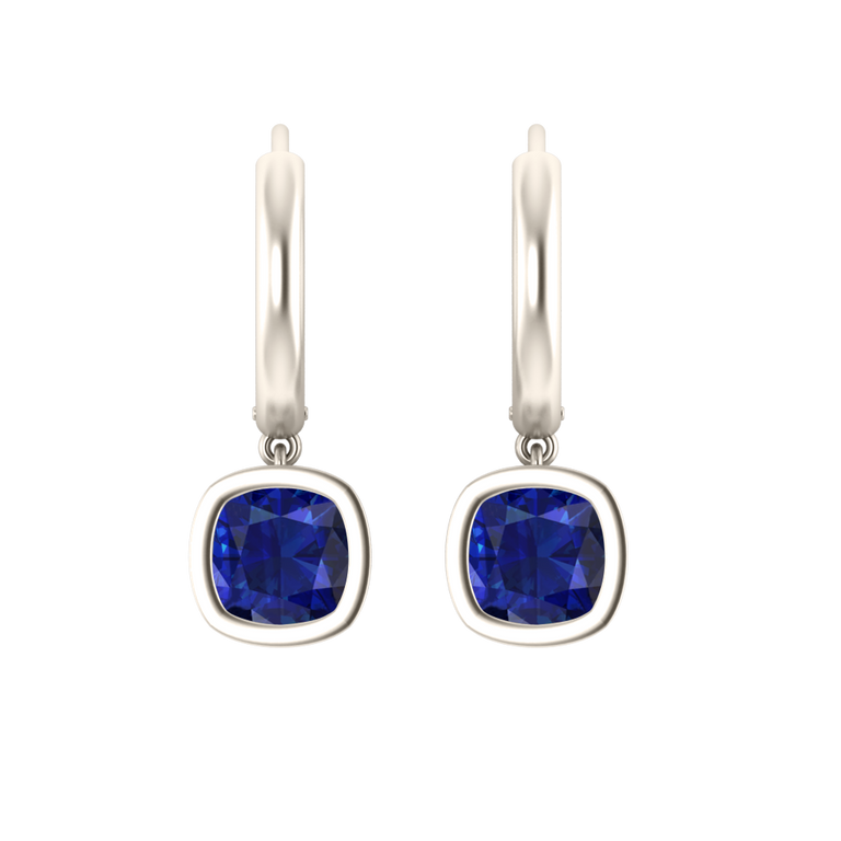 Bezel Drop Cushion Cut Blue Sapphire 18K White Gold Earrings