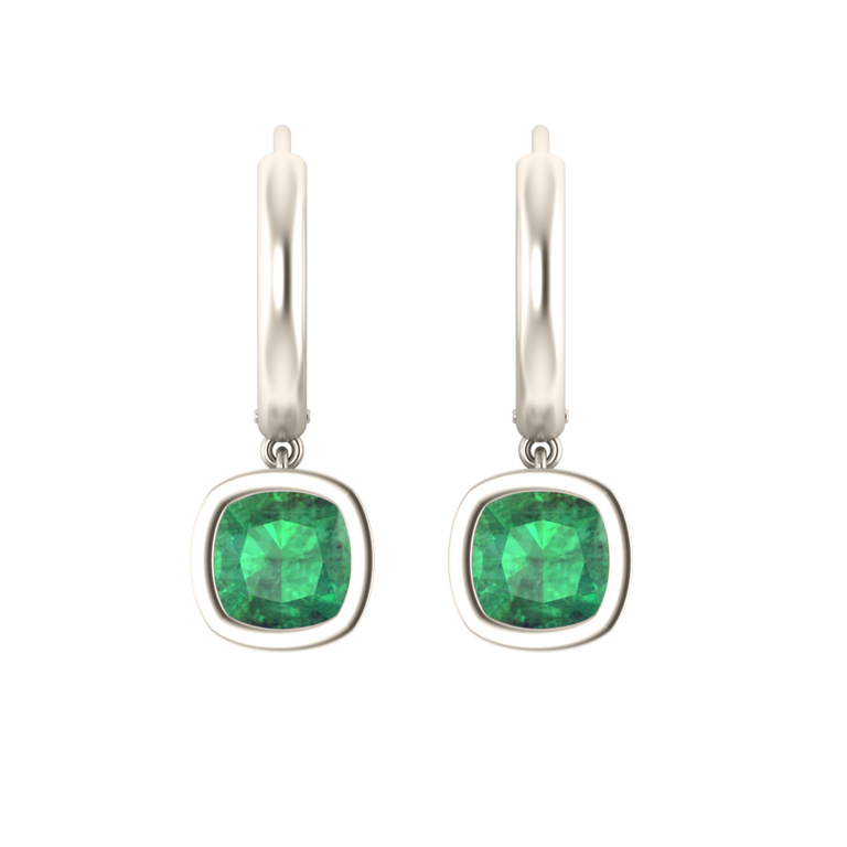 Bezel Drop Cushion Emerald 18K White Gold Earrings