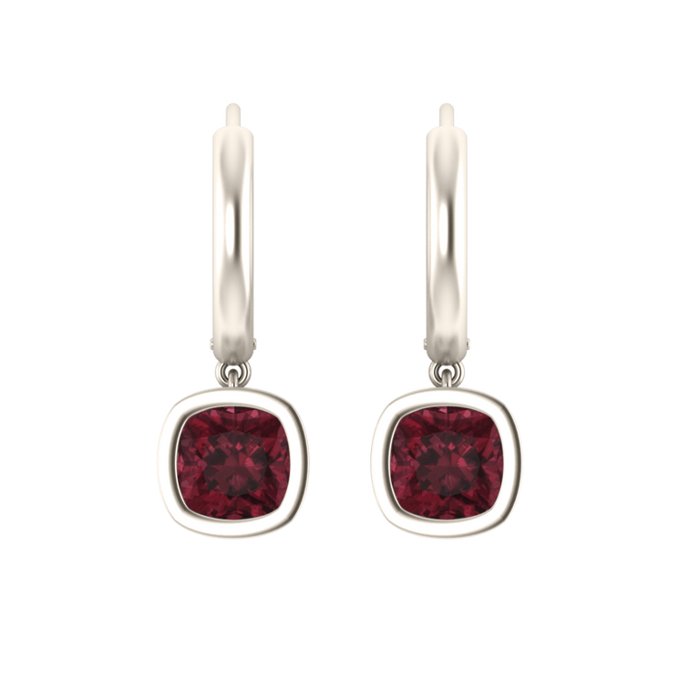 Bezel Drop Cushion Garnet 18K White Gold Earrings