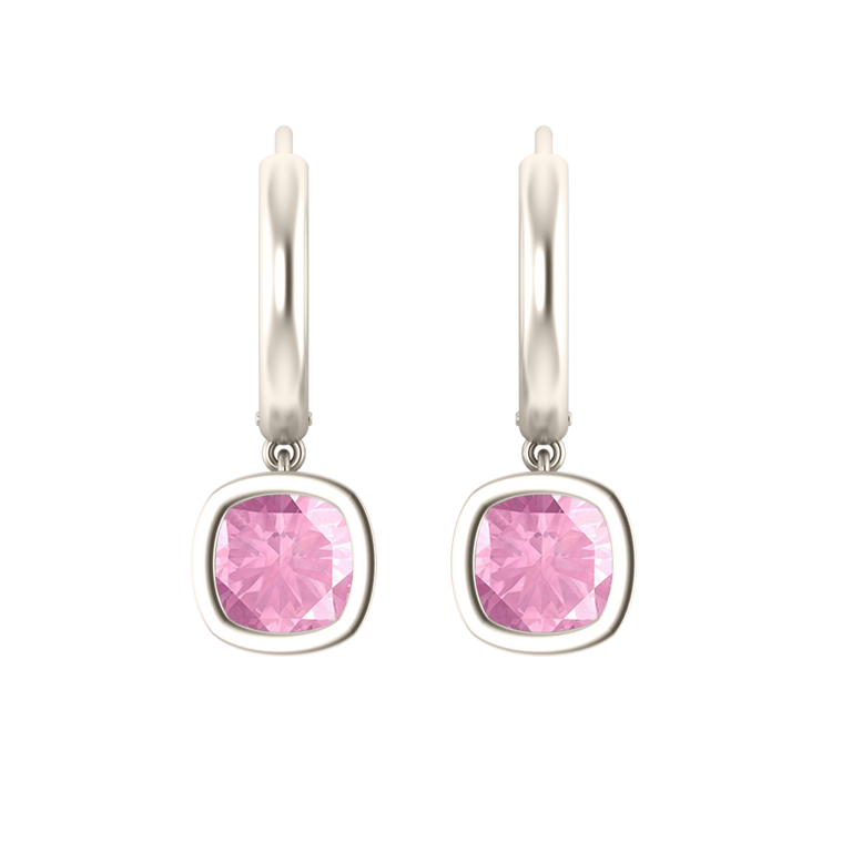 Bezel Drop Cushion Pink Sapphire 18K White Gold Earrings