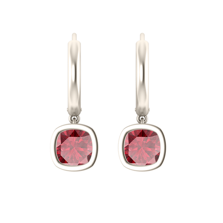 Bezel Drop Cushion Ruby 18K White Gold Earrings