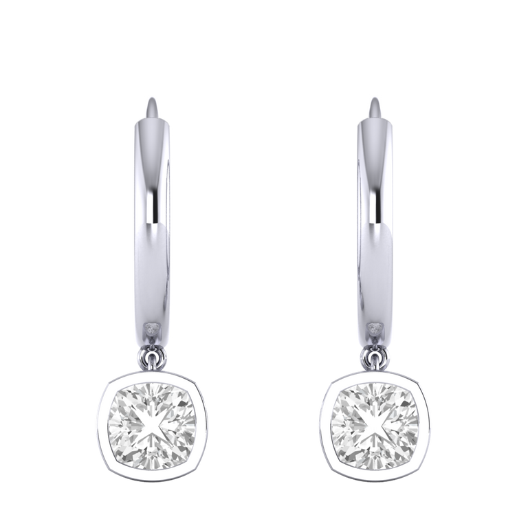 Bezel Drop Cushion Solar Diamond 18K White Gold Earrings