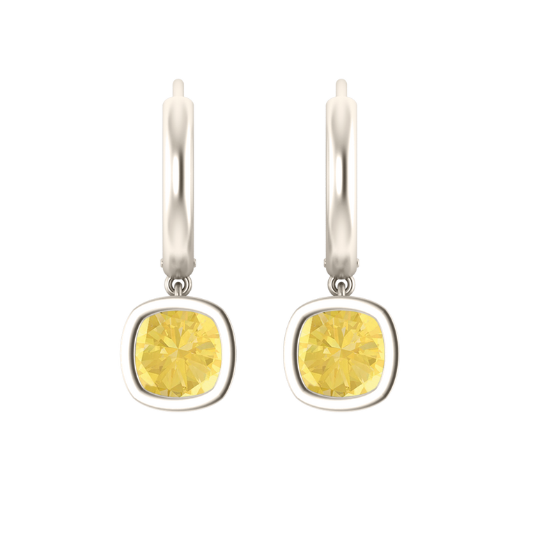 Bezel Drop Cushion Yellow Sapphire 18K White Gold Earrings