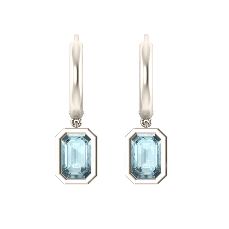 Bezel Drop Emerald Cut Aquamarine 18K White Gold Earrings