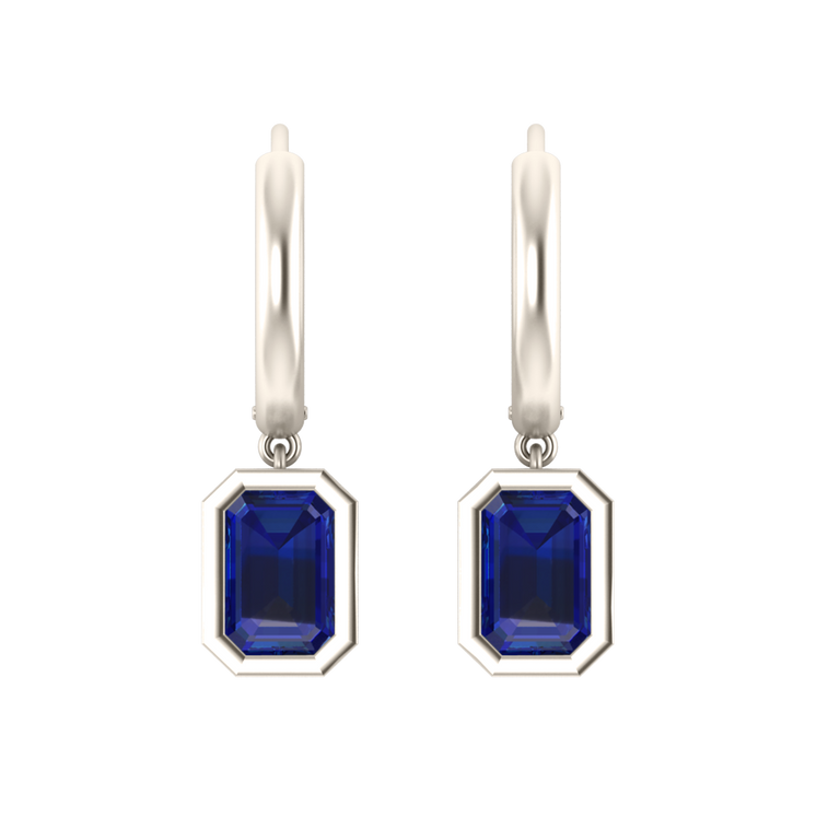 Bezel Drop Emerald Cut Blue Sapphire 18K White Gold Earrings