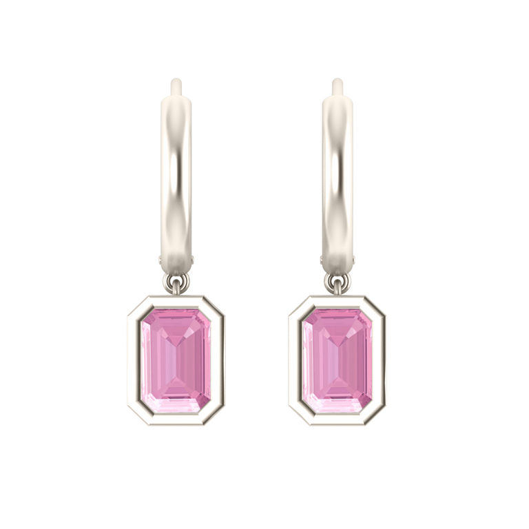 Bezel Drop Emerald Cut Pink Sapphire 18K White Gold Earrings