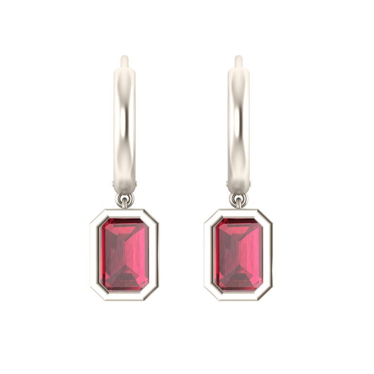 Bezel Drop Emerald Cut Ruby 18K White Gold Earrings