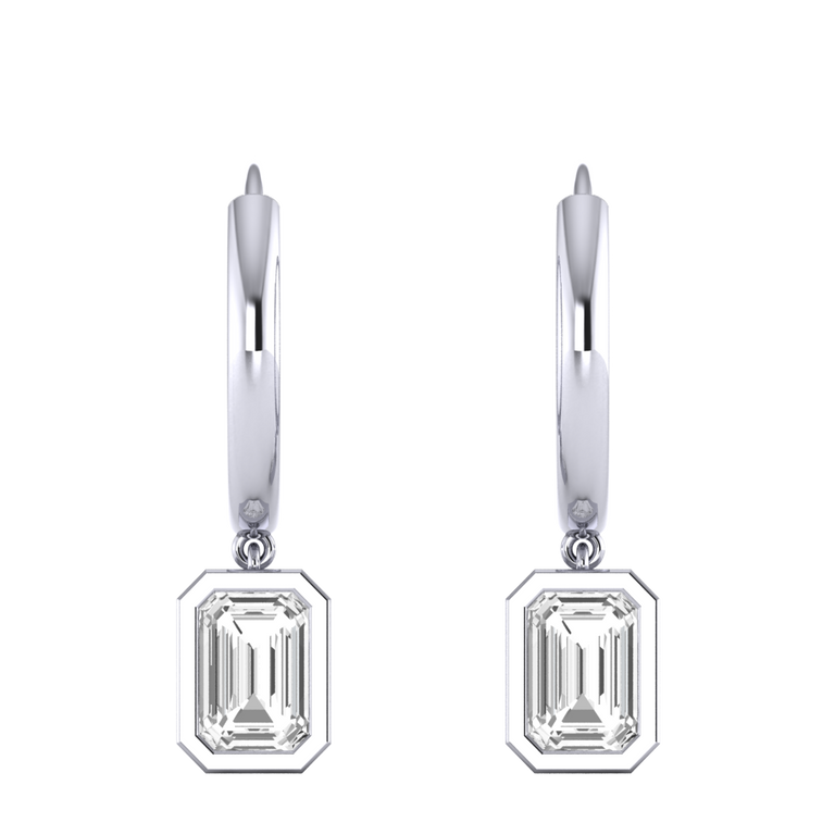 Bezel Drop Emerald Solar Diamond 18K White Gold Earrings