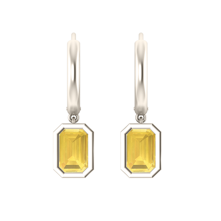 Bezel Drop Emerald Yellow Sapphire 18K White Gold Earrings