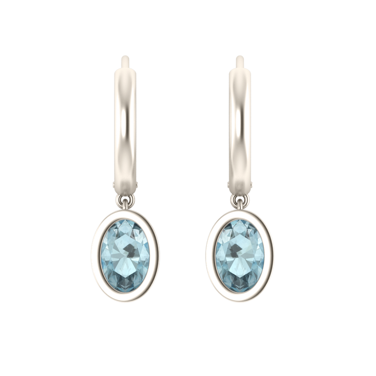 Bezel Drop Oval Cut Aquamarine 18K White Gold Earrings