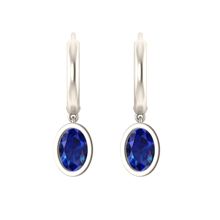 Bezel Drop Oval Blue Sapphire 18K White Gold Earrings