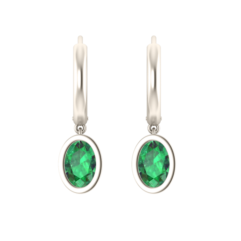 Bezel Drop Oval Emerald 18K White Gold Earrings