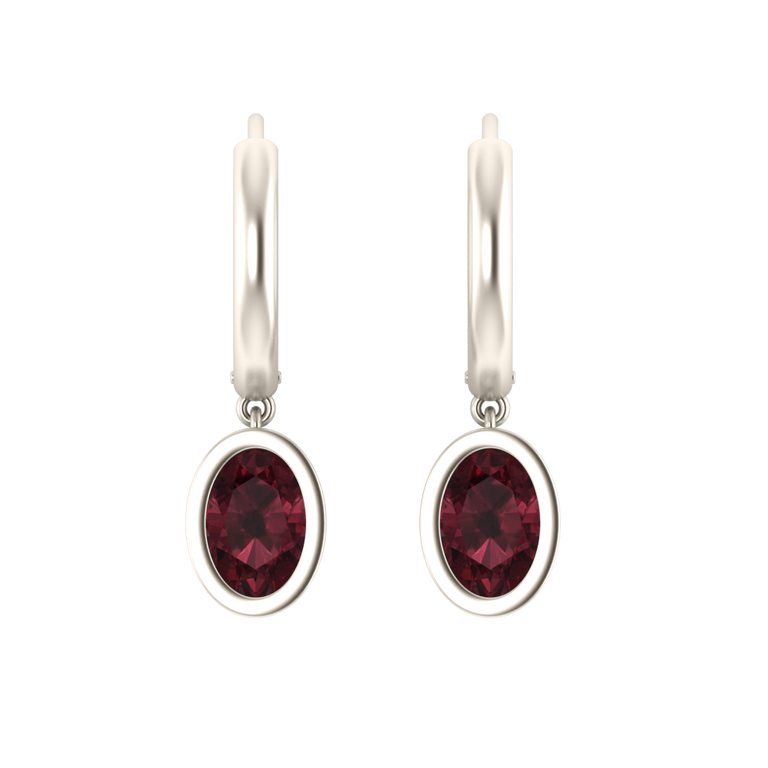 Bezel Drop Oval Garnet 18K White Gold Earrings